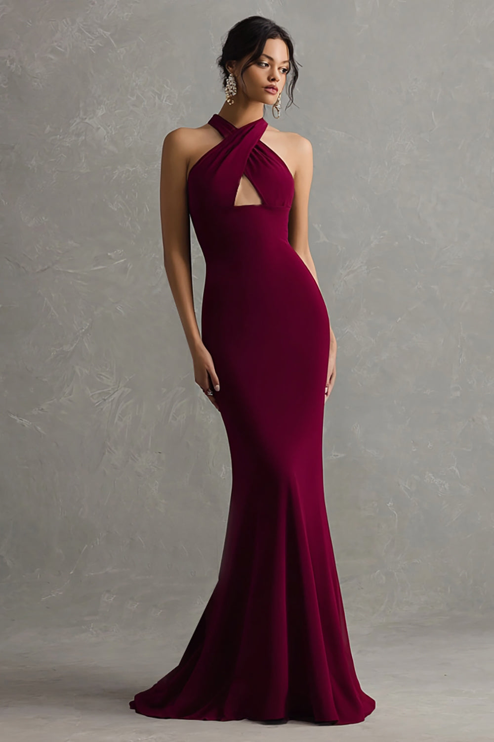 Burgundy Mermaid Halter Long Evening Dress with Keyhole