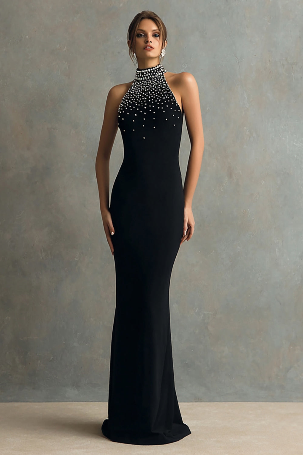 Sparkly Black Mermaid Halter Backless Long Evening Dress with Beading
