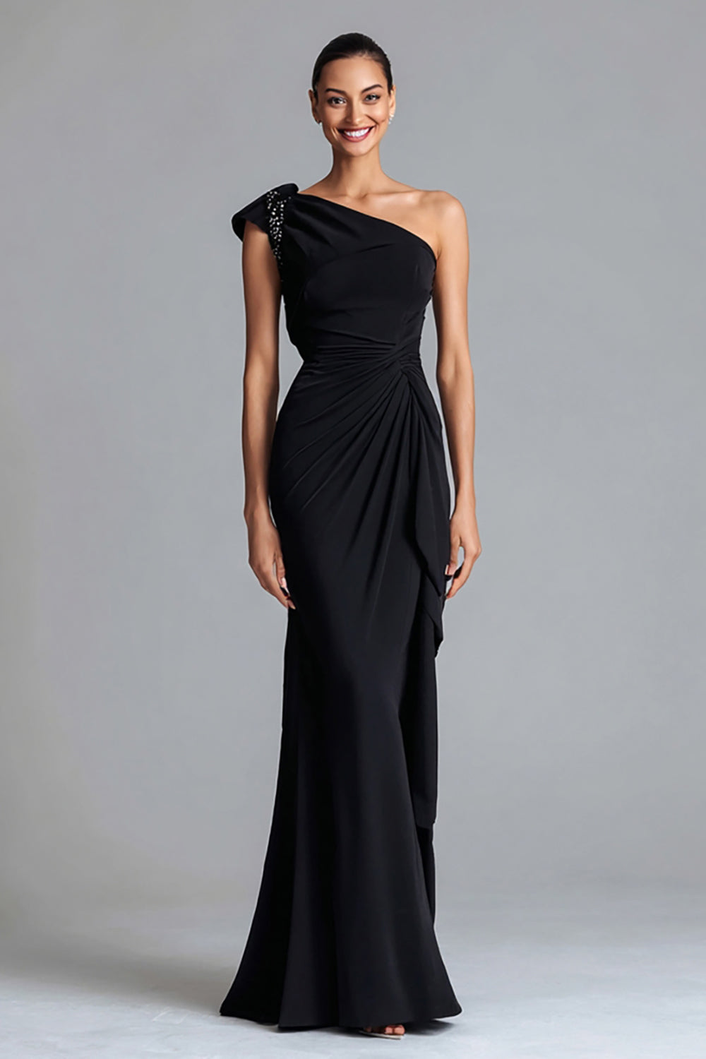 Black Mermaid Ruched One Shoulder Long Evening Dress with Beading