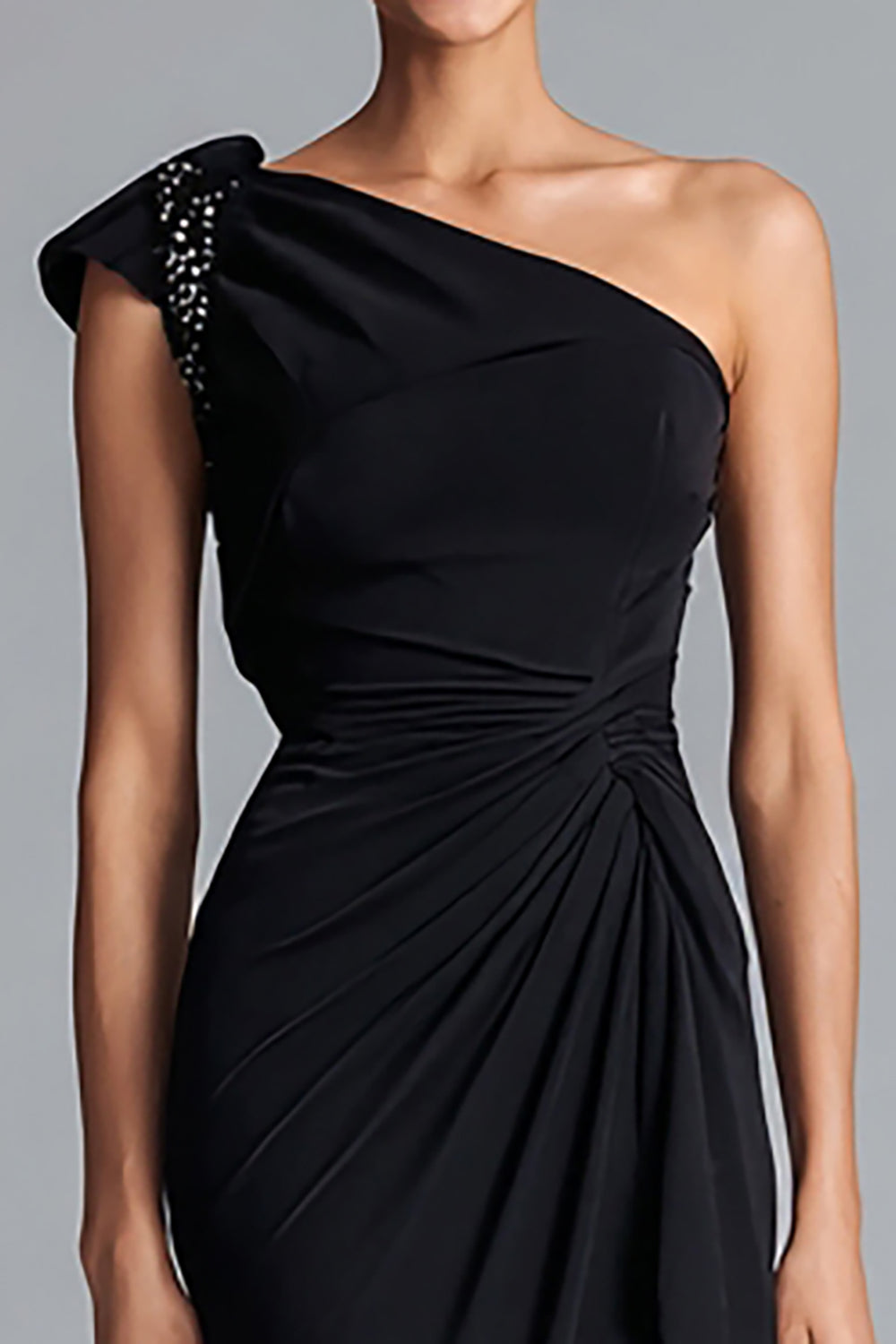 Black Mermaid Ruched One Shoulder Long Evening Dress with Beading