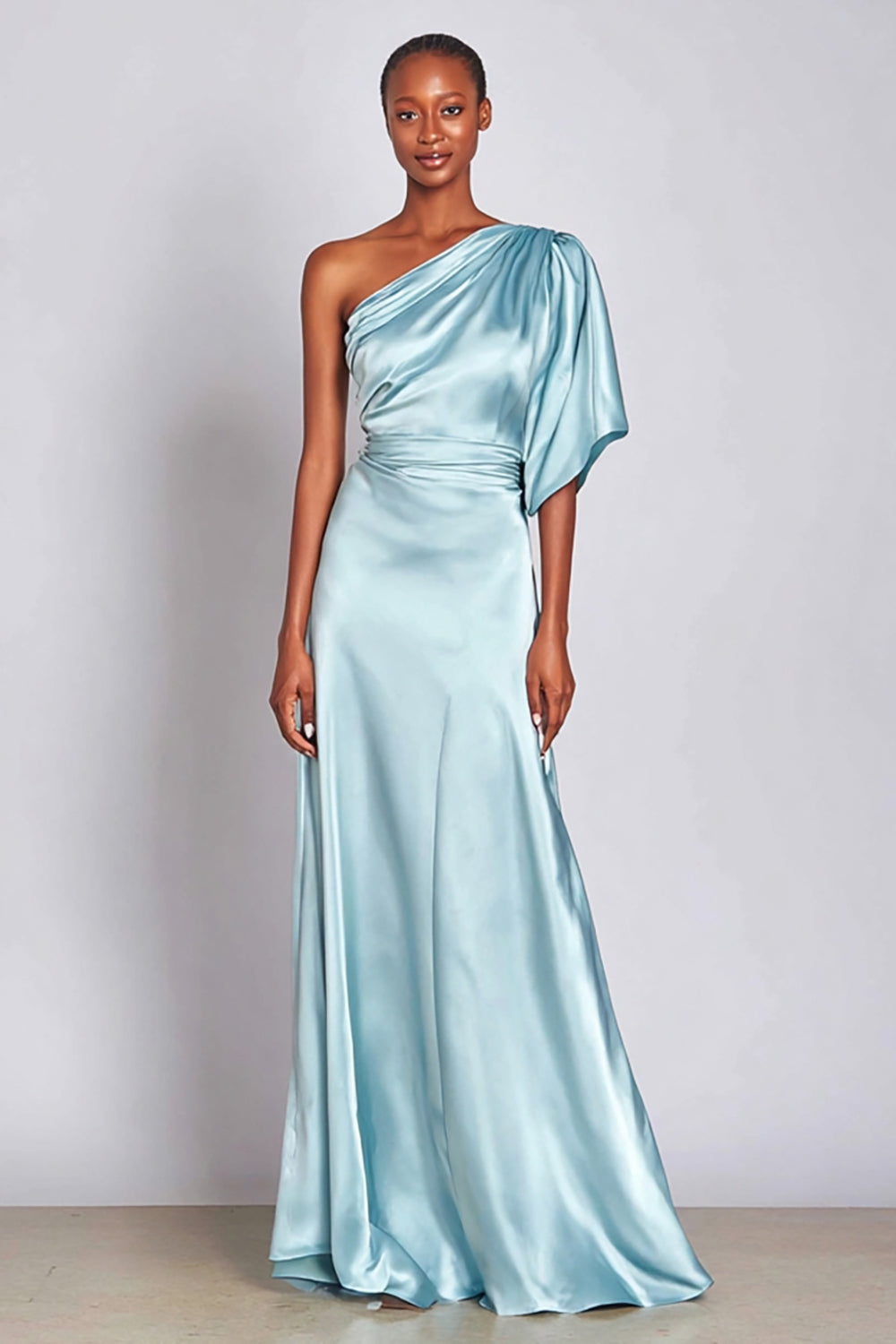 Light Blue Mermaid Satin Ruched One Shoulder Long Sleeves Evening Dress 