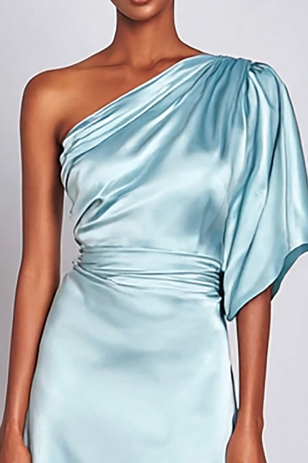 Light Blue Mermaid Satin Ruched One Shoulder Long Sleeves Evening Dress 