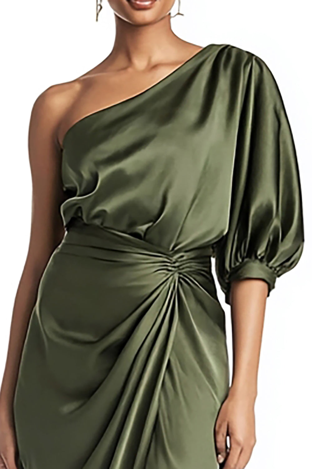 Olive Satin One Shoulder Mermaid Ruched Tea Length Evening Dress with Sleeves