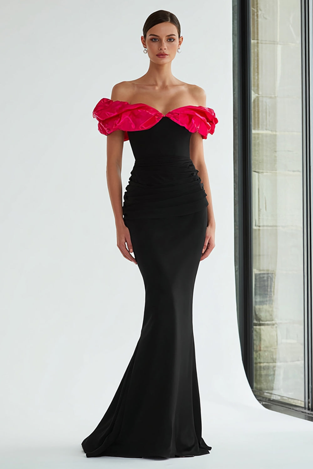 Black and Fuchsia Off the Shoulder Mermaid Long Evening Dress