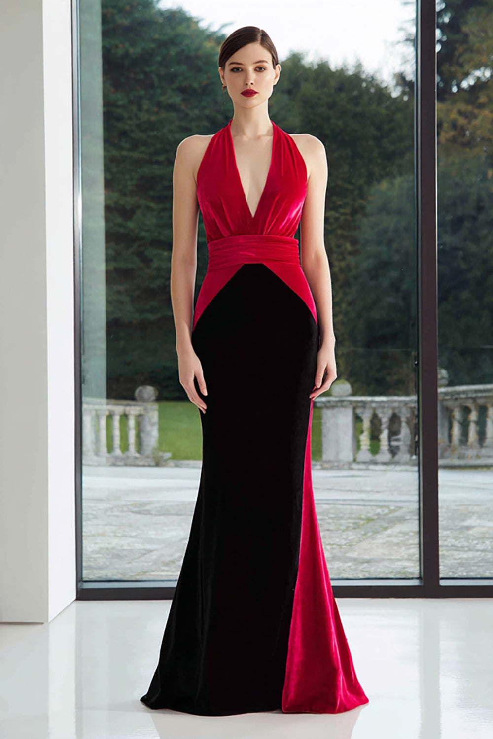 Black and Fuchsia Patchwork Mermaid Maxi Evening Dress