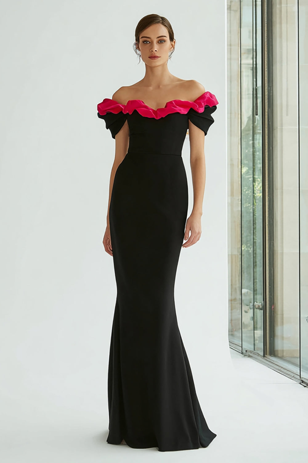 Black and Fuchsia Mermaid Off the Shoulder Maxi Evening Dress with Ruffles