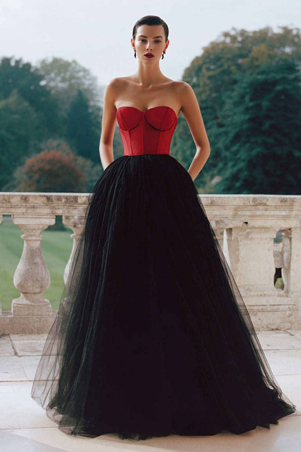 Dresstells Women Black and Red Tulle Long Corset Evening Dress Strapless A Line Ball Gown Prom Dress