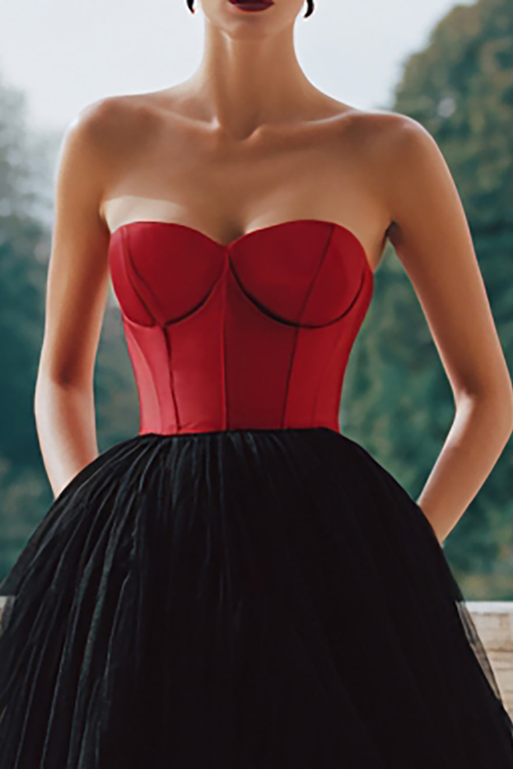 Black and Red Tulle Strapless A Line Ball Gown Long Corset Evening Dress