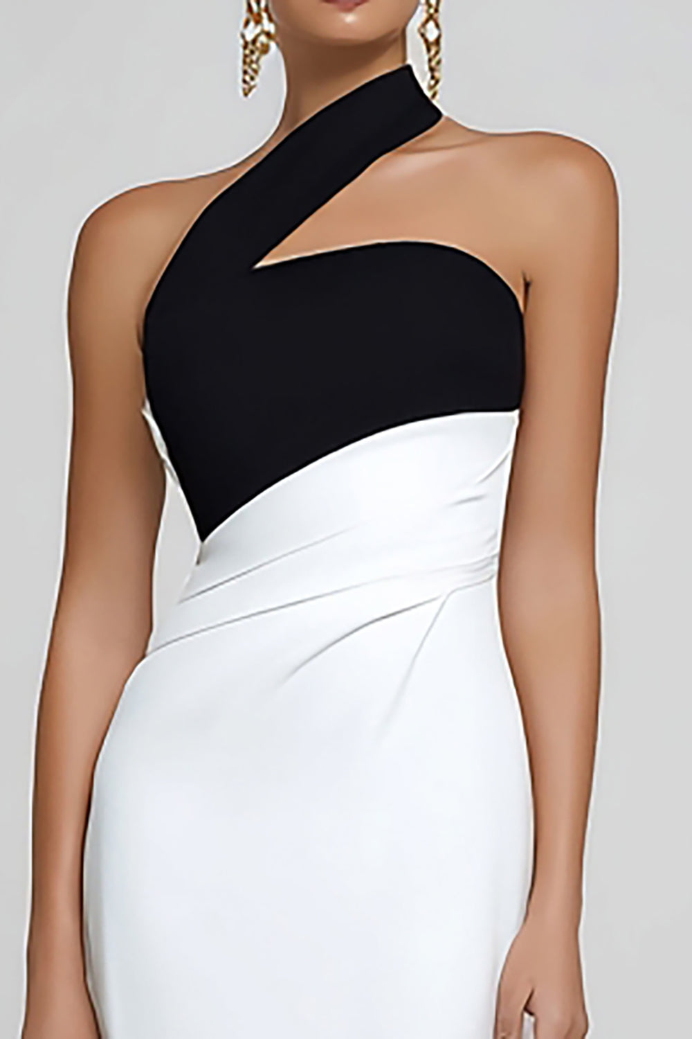 Simple Black and White One Shoulder Mermaid Ruched Long Evening Dress