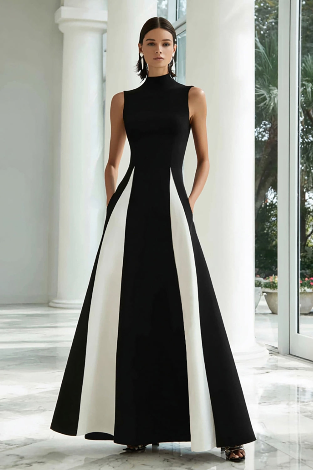 Black and White A Line Satin High Neck Long Evening Dress