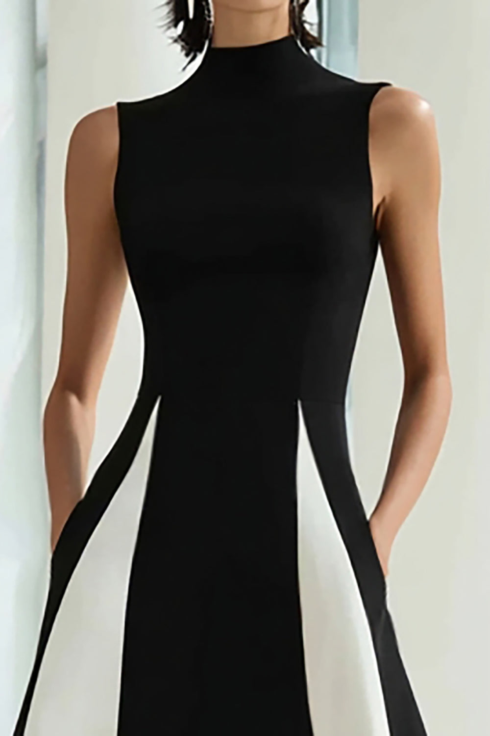 Black and White A Line Satin High Neck Long Evening Dress