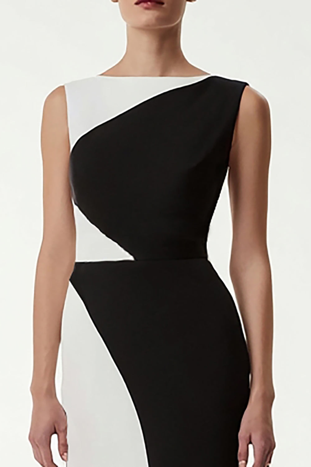 Black and White Patchwork Satin Sheath Bateau Neck Long Evening Dress