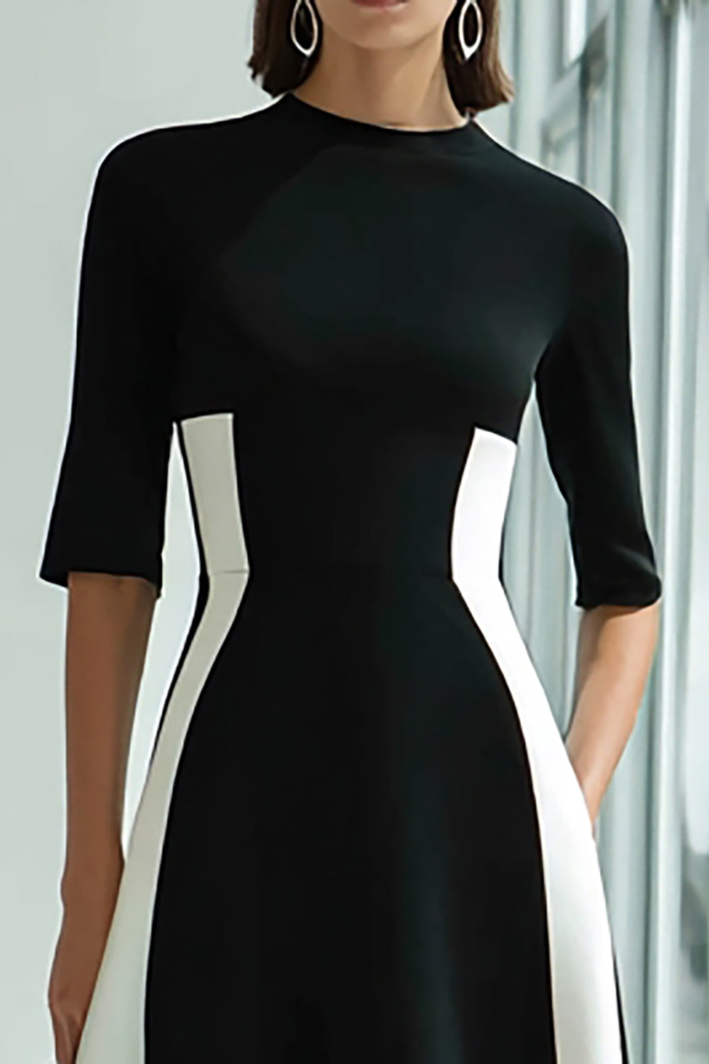 Black and White Satin Patchwork A Line Long Evening Dress with Sleeves