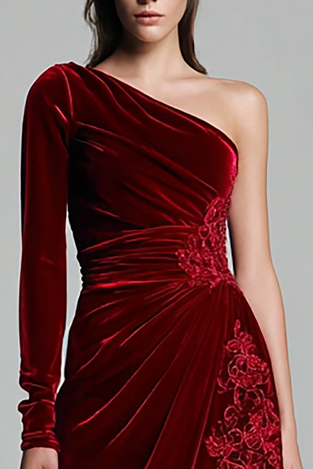 Burgundy Velvet One Shoulder Ruched Long Sleeves Holiday Party Dress with Slit