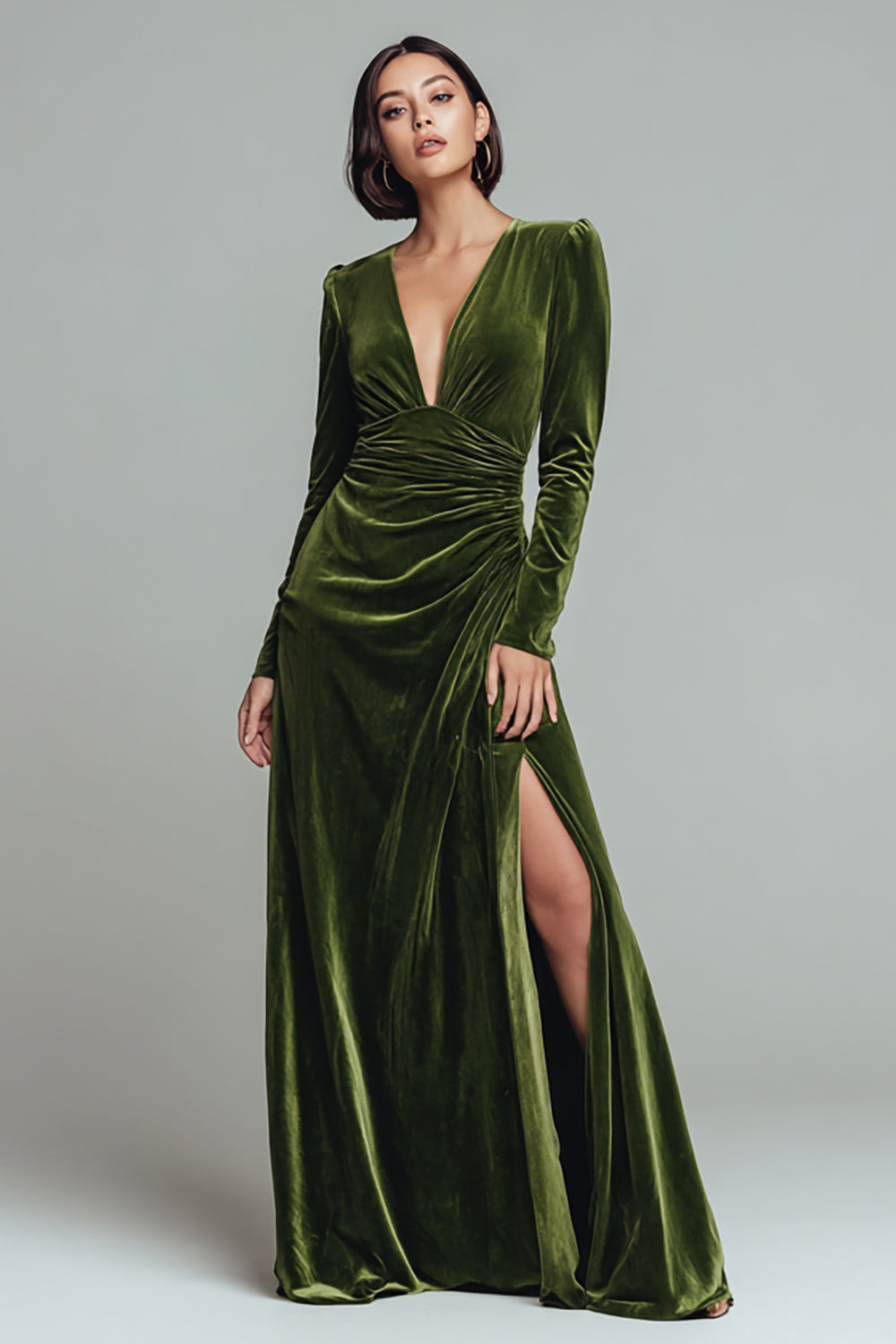 Olive Sheath Velvet V-Neck Long Sleeves Holiday Party Dress with Slit