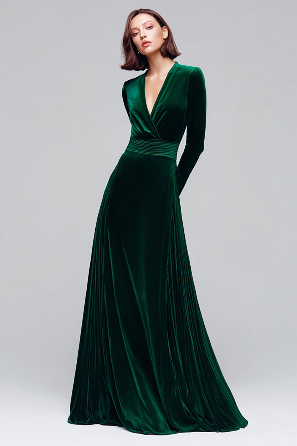 Dresstells Women Dark Green Velvet Long Sleeves Holiday Party Dress A Line V-Neck Sheath Ruched Evening Dress