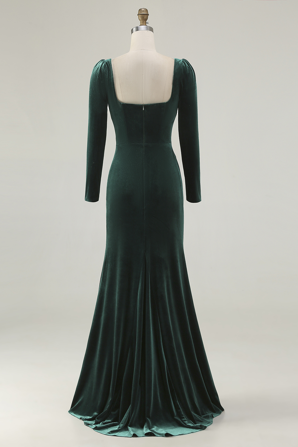 Dark Green Velvet Ruched Square Neck Long Holiday Party Dress with Slit