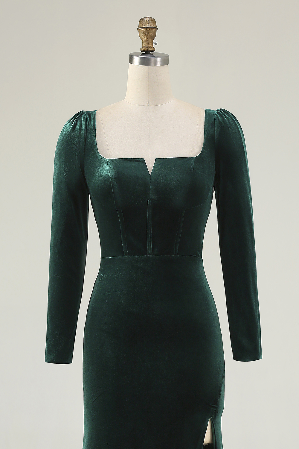Dark Green Velvet Ruched Square Neck Long Holiday Party Dress with Slit
