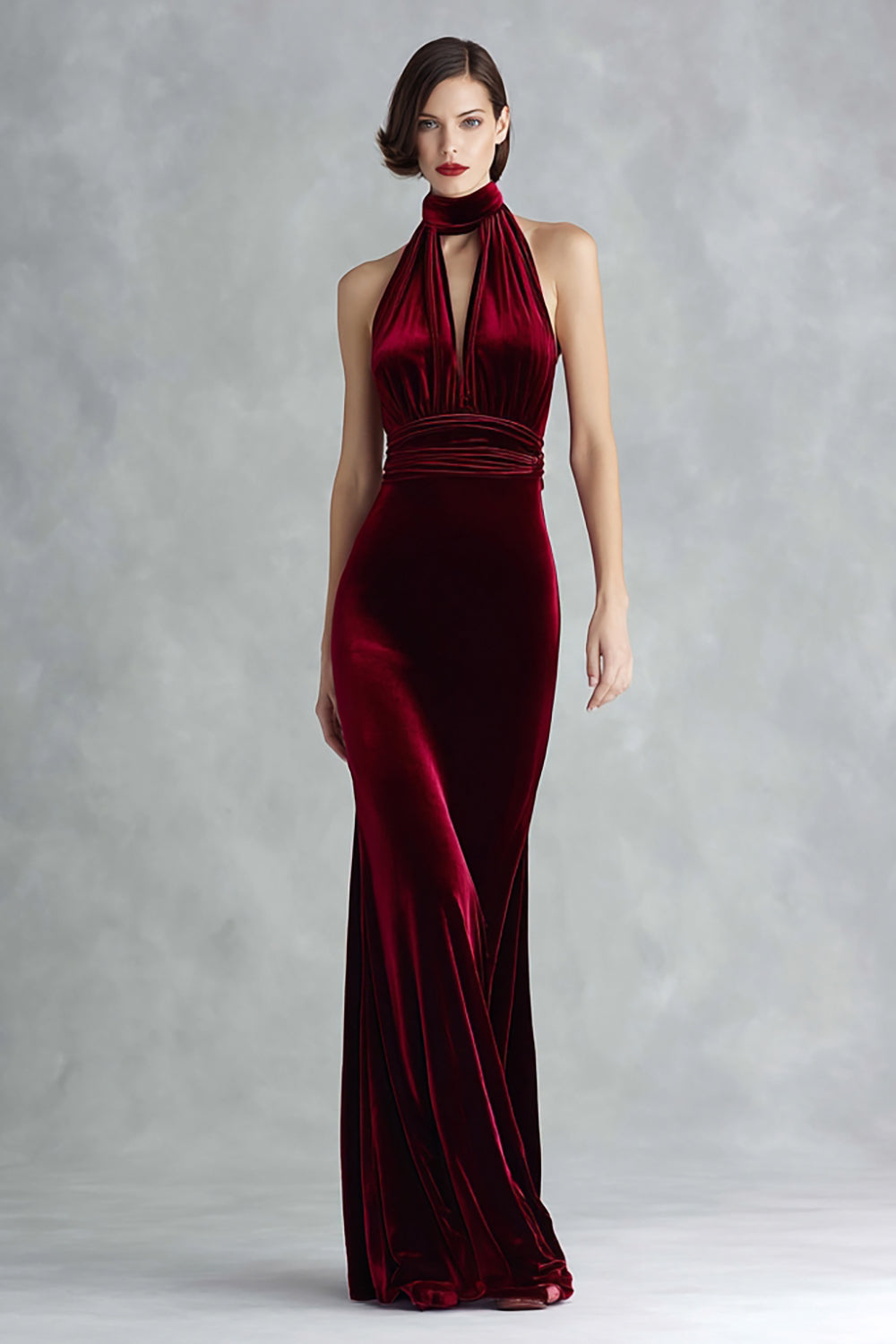 Burgundy Velvet High Neck Ruched Long Formal Dress with Keyhole