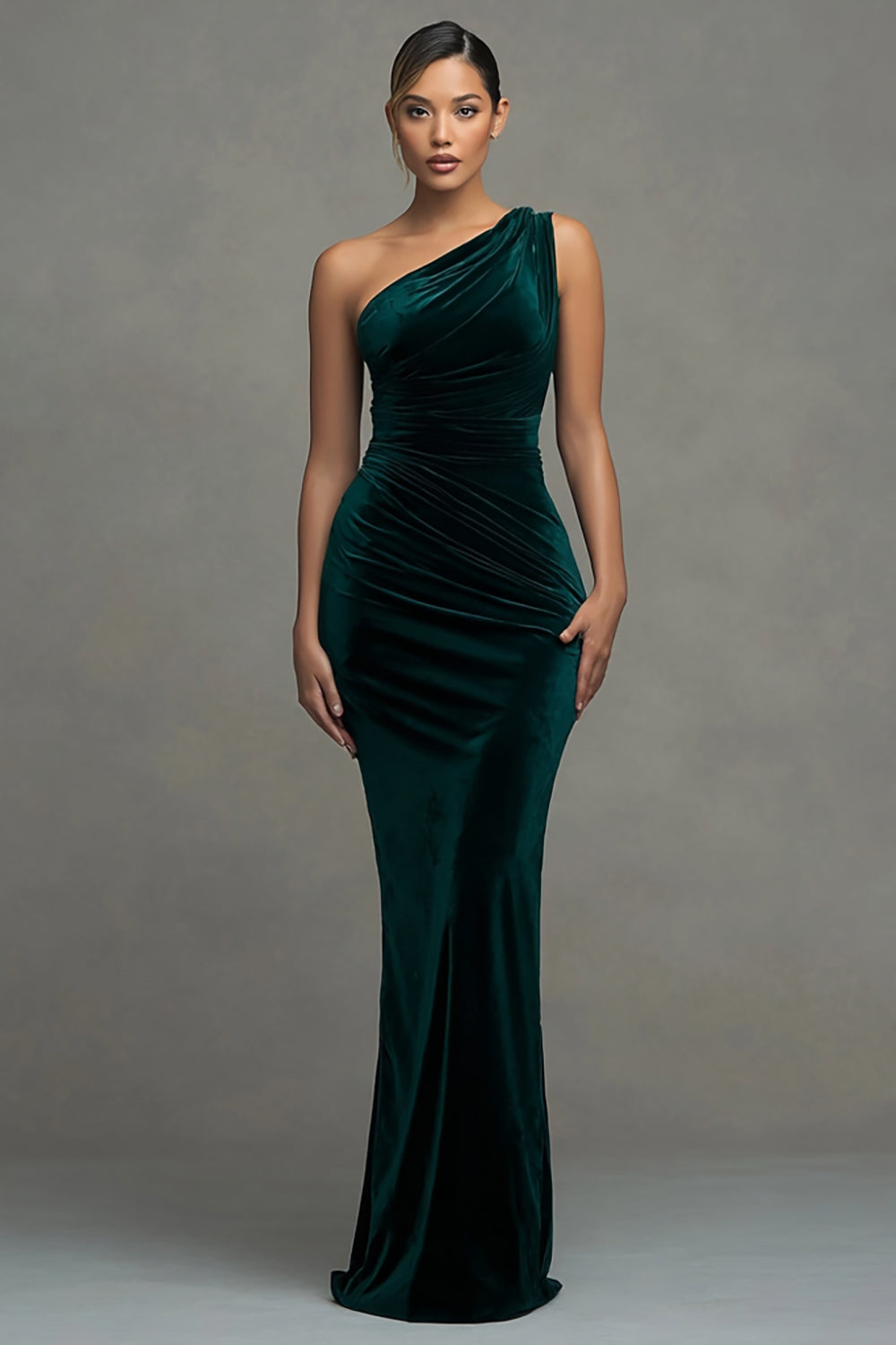 Dark Green Mermaid Velvet One Shoulder Maxi Holiday Party Dress