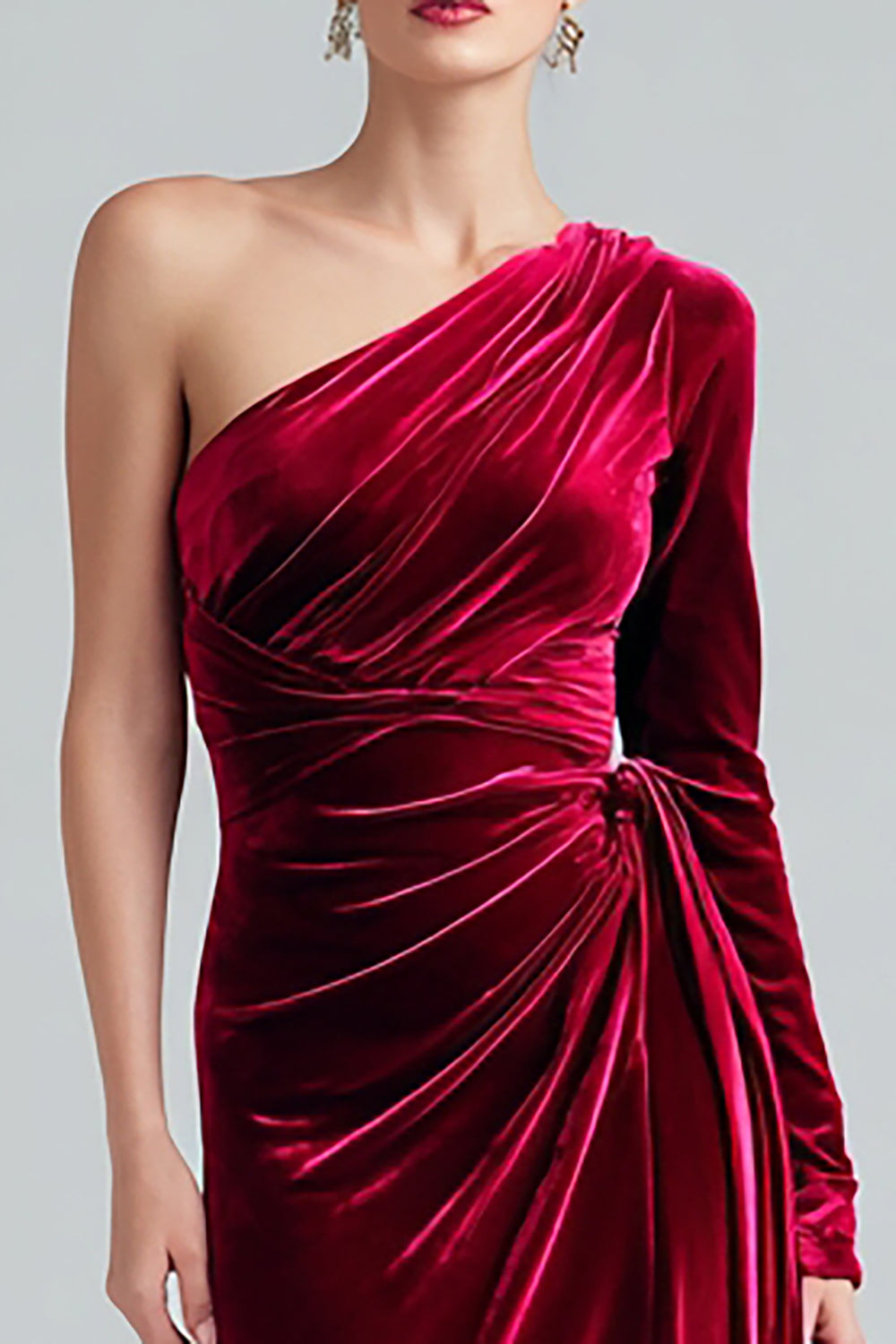 Burgundy Velvet Sheath One Shoulder Long Holiday Party Dress with Sleeves