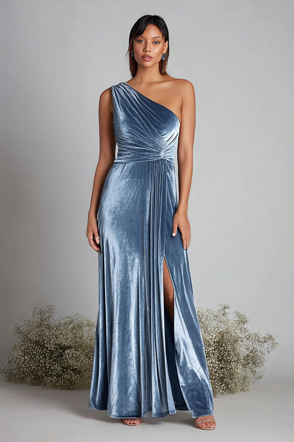 Dusty Blue Velvet One Shoulder Ruched Long Holiday Party Dress with Slit