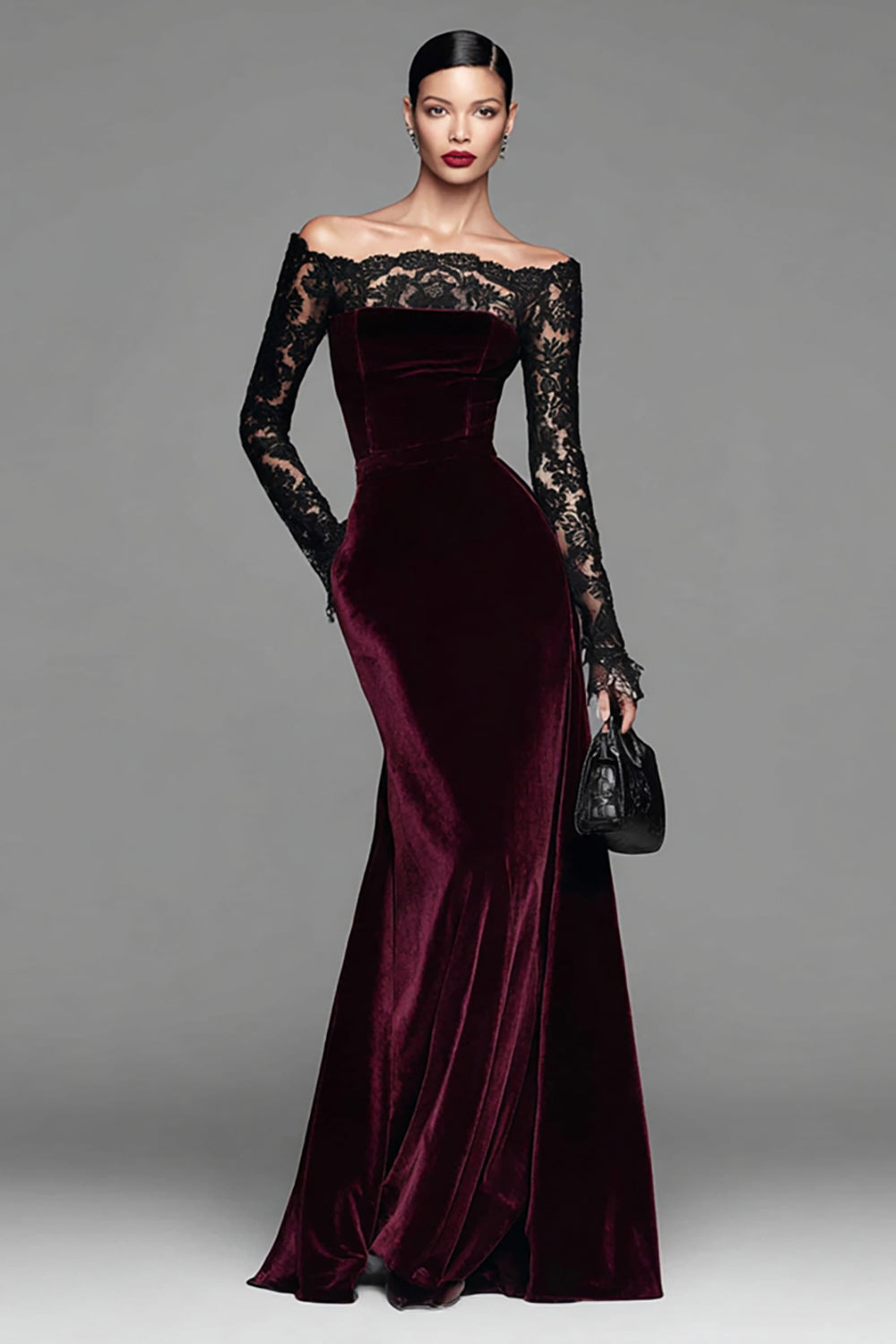 Eelgant Burgundy Mermaid Velvet Long Sleeves Holiday Party Dress with Lace
