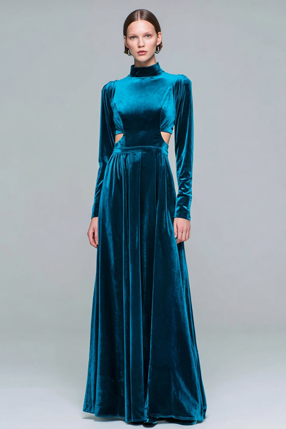 Peacock Blue Velvet Cut Out A-Line Long Holiday Party Dress with Sleeves