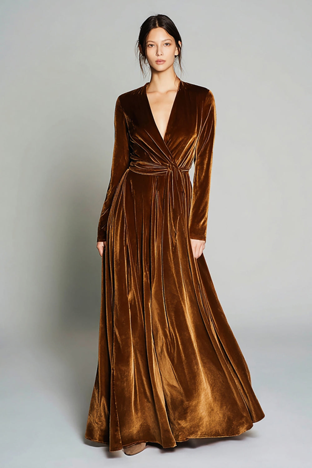 Modest Brown A-Line Pleated Long Velvet Holiday Party Dress with Sleeves