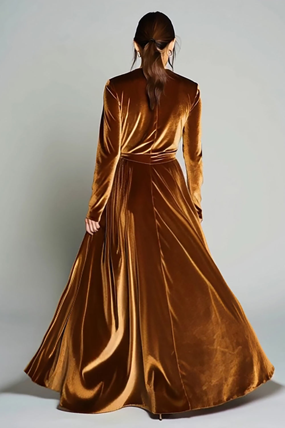 Modest Brown A-Line Pleated Long Velvet Holiday Party Dress with Sleeves