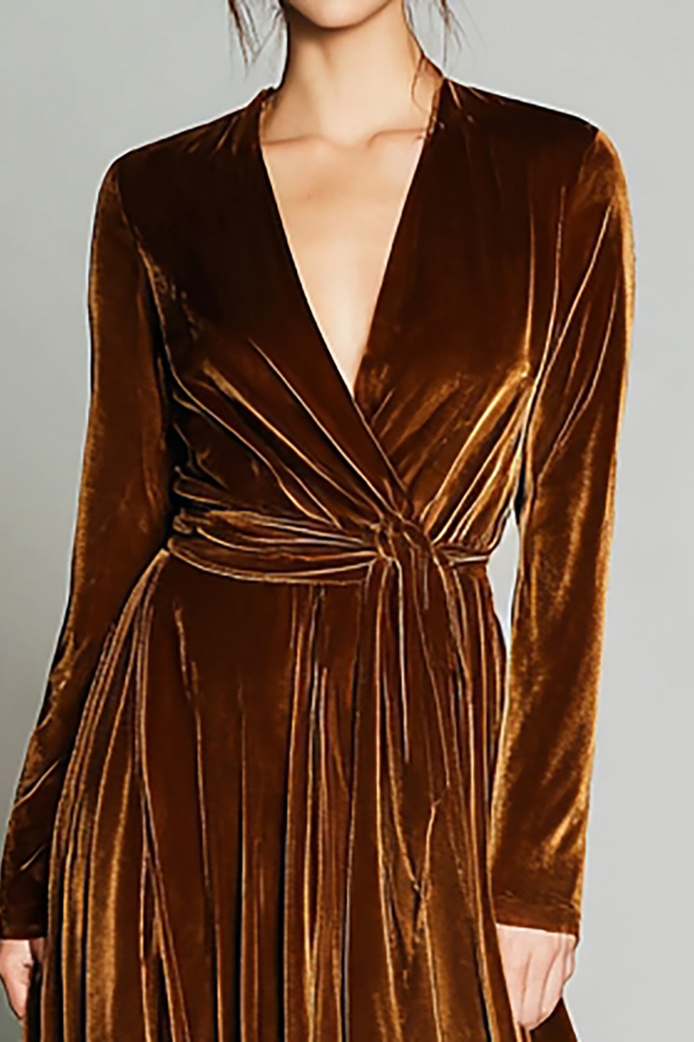 Modest Brown A-Line Pleated Long Velvet Holiday Party Dress with Sleeves