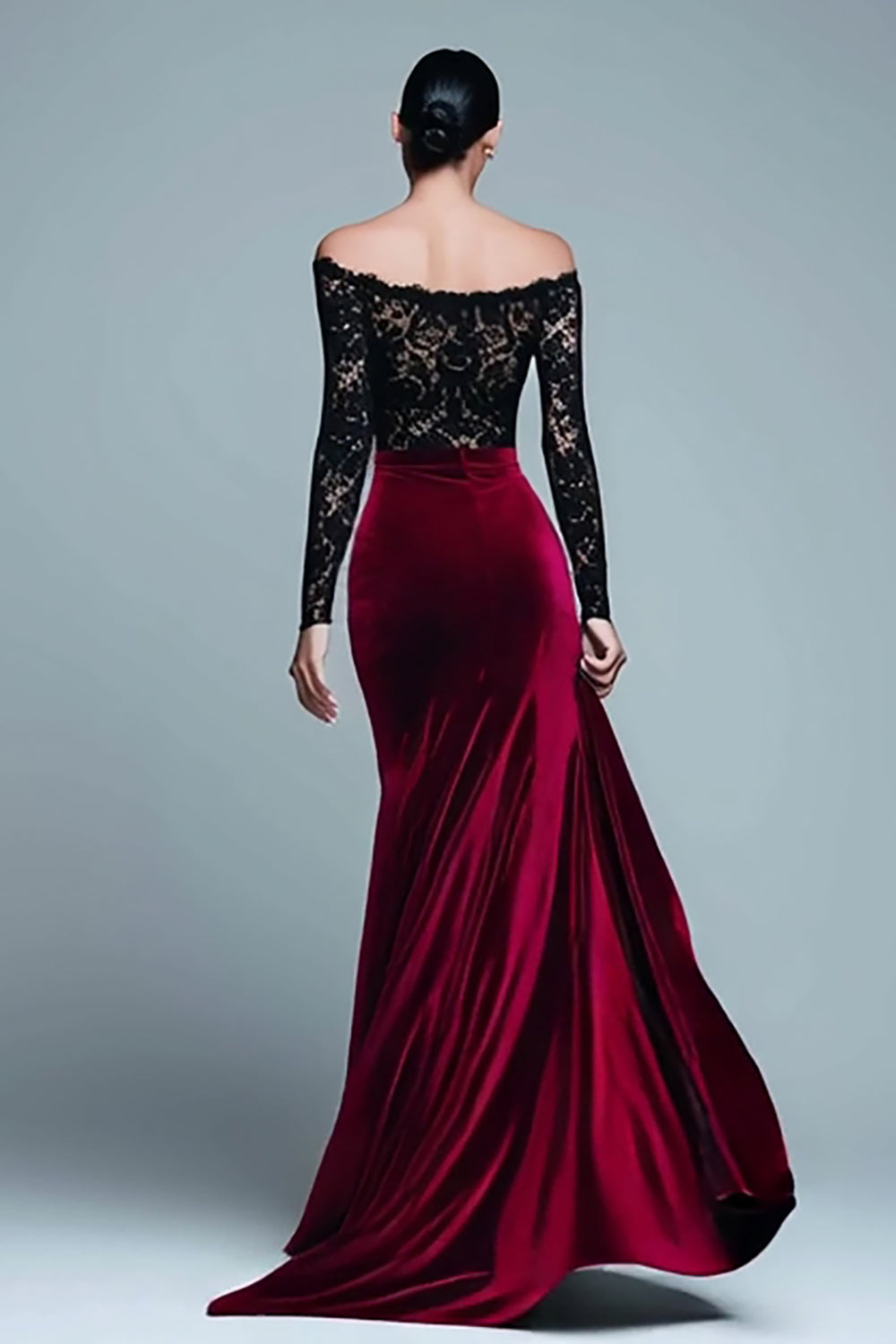 Elegant Black and Burgundy Mermaid Velvet Long Holiday Party Dress with Sleeves
