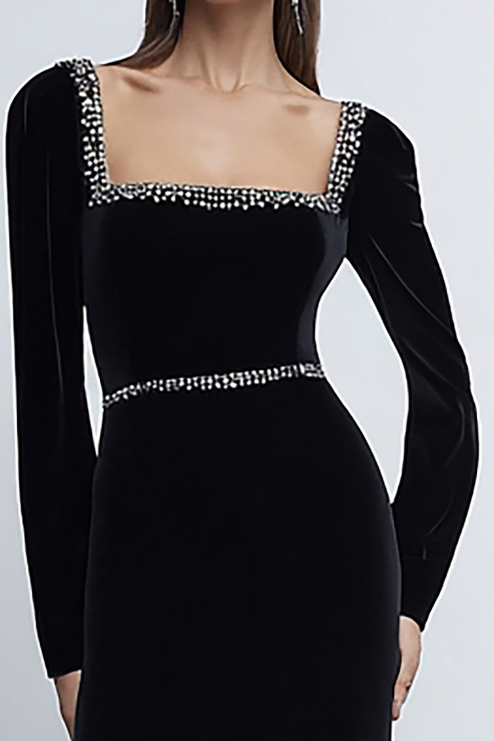 Sparkly Black Velvet Sheath Long Holiday Party Dress with Sleeves