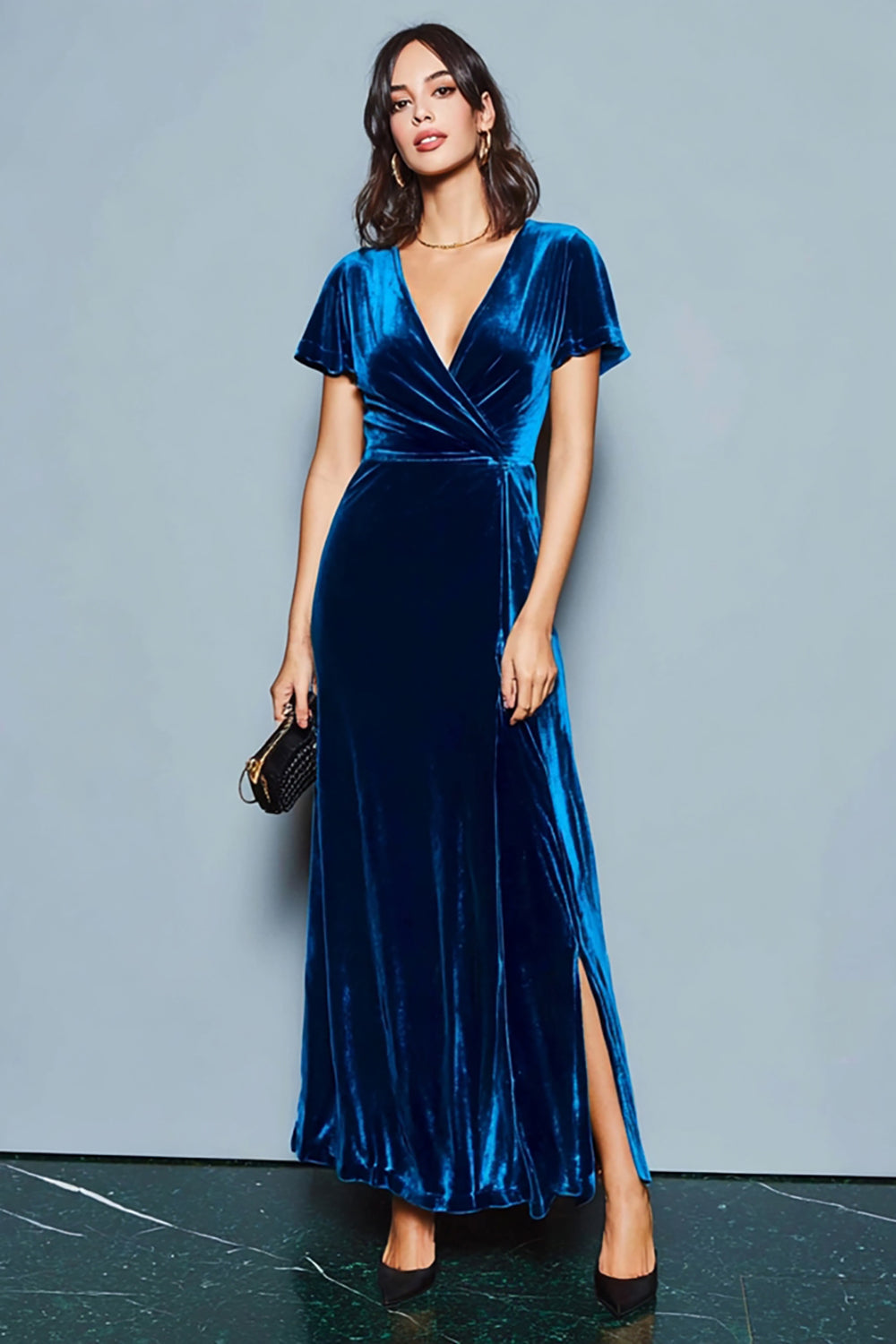 Modest Dark Blue Velvet A-Line Long Holiday Party Dress with Sleeves