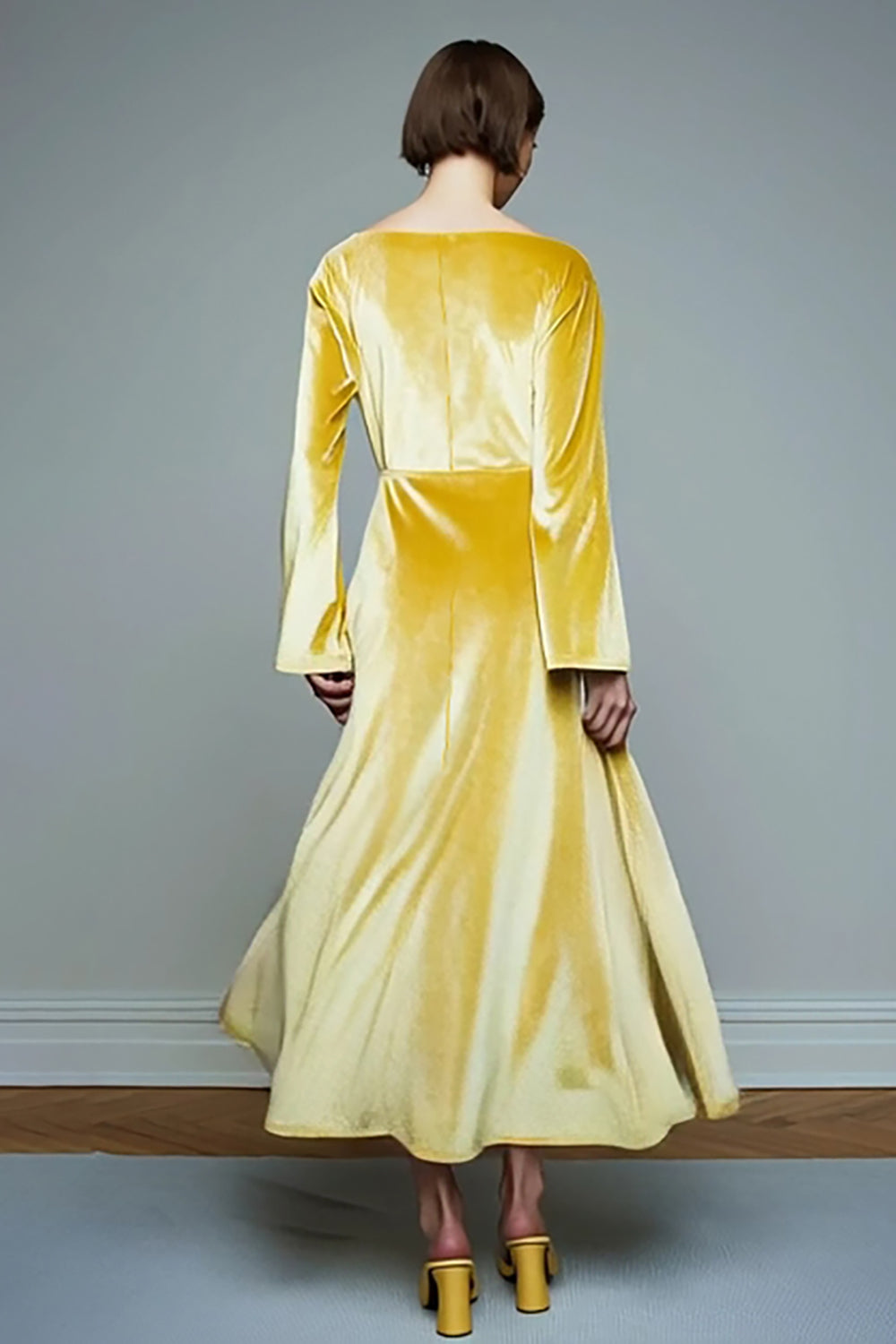 Yellow A-Line Bateau Neck Long Velvet Holiday Party Dress with Sleeves