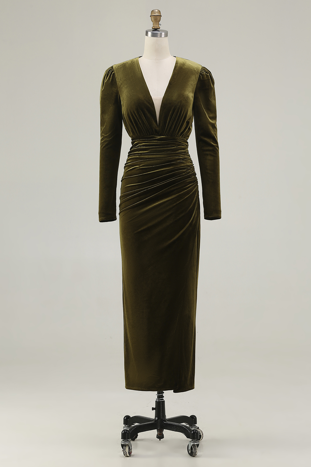 Modest Olive Sheath Deep V-Neck Long Velvet Wedding Guest Dress with Sleeves
