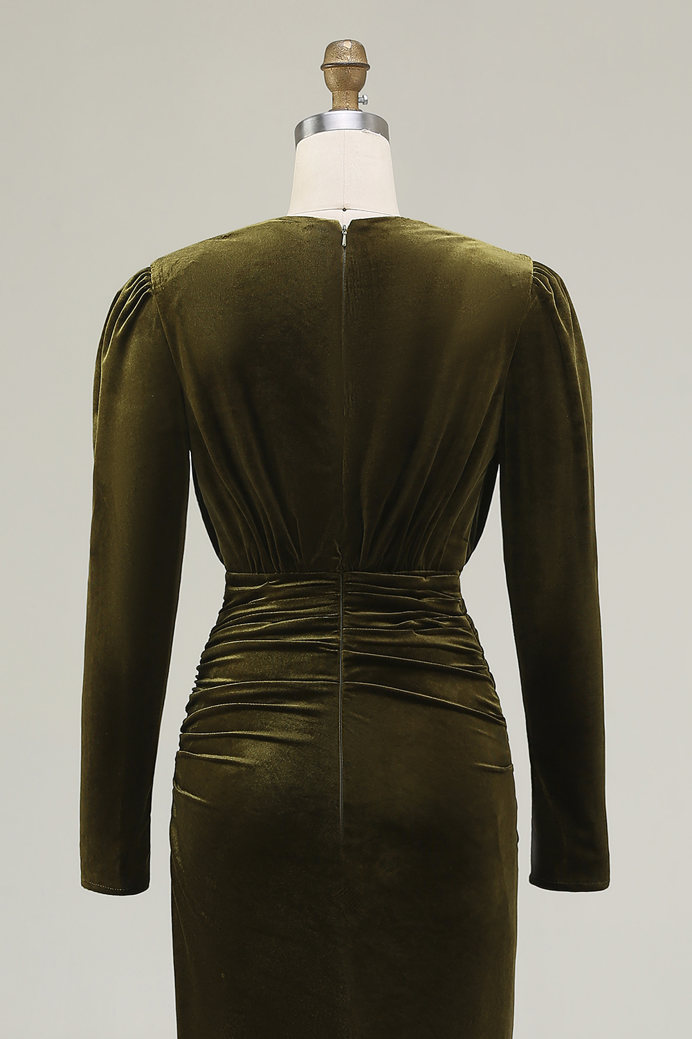 Modest Olive Sheath Deep V-Neck Long Velvet Wedding Guest Dress with Sleeves