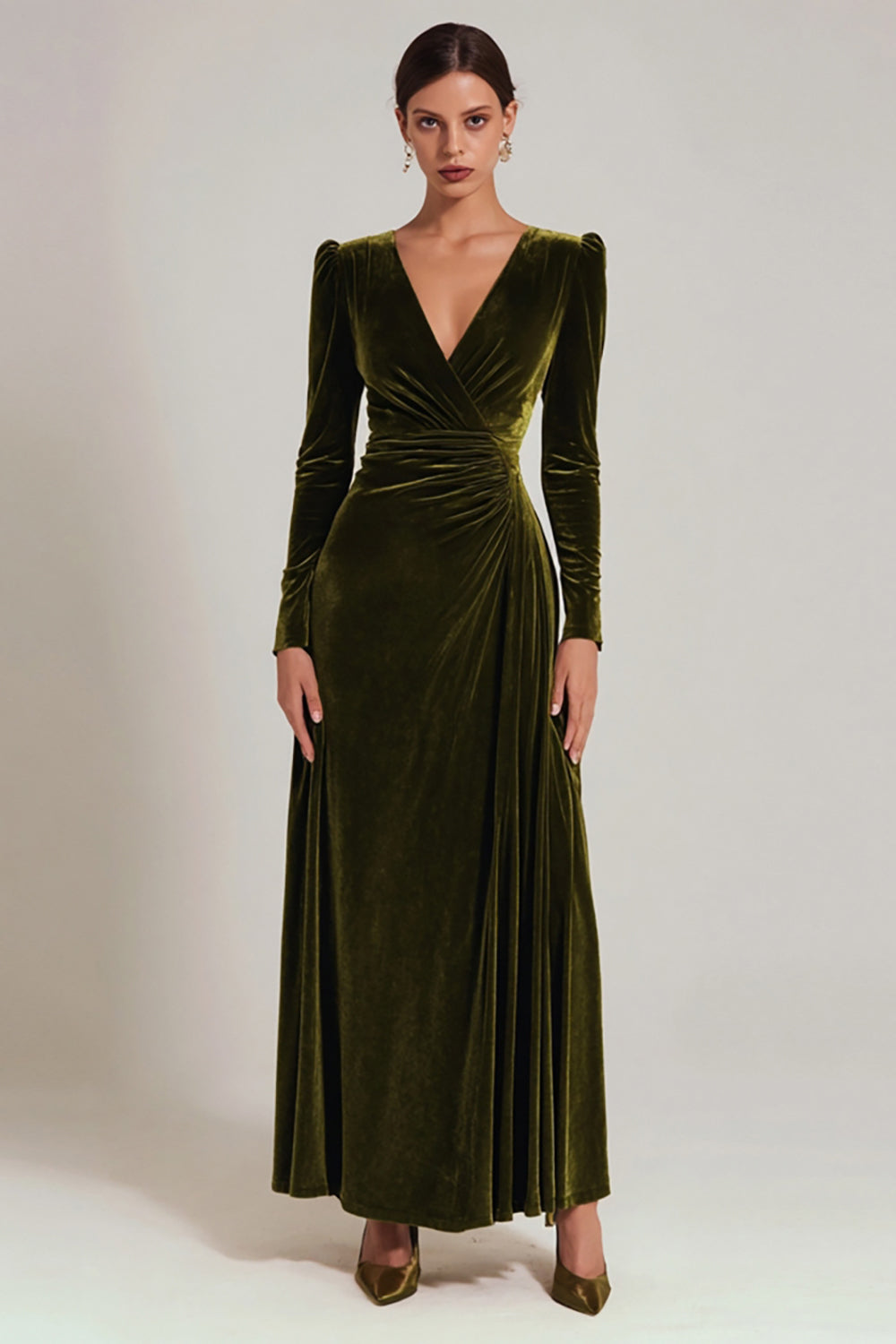 Modest Olive Velvet A-Line V-Neck Long Sleeves Holiday Party Dress