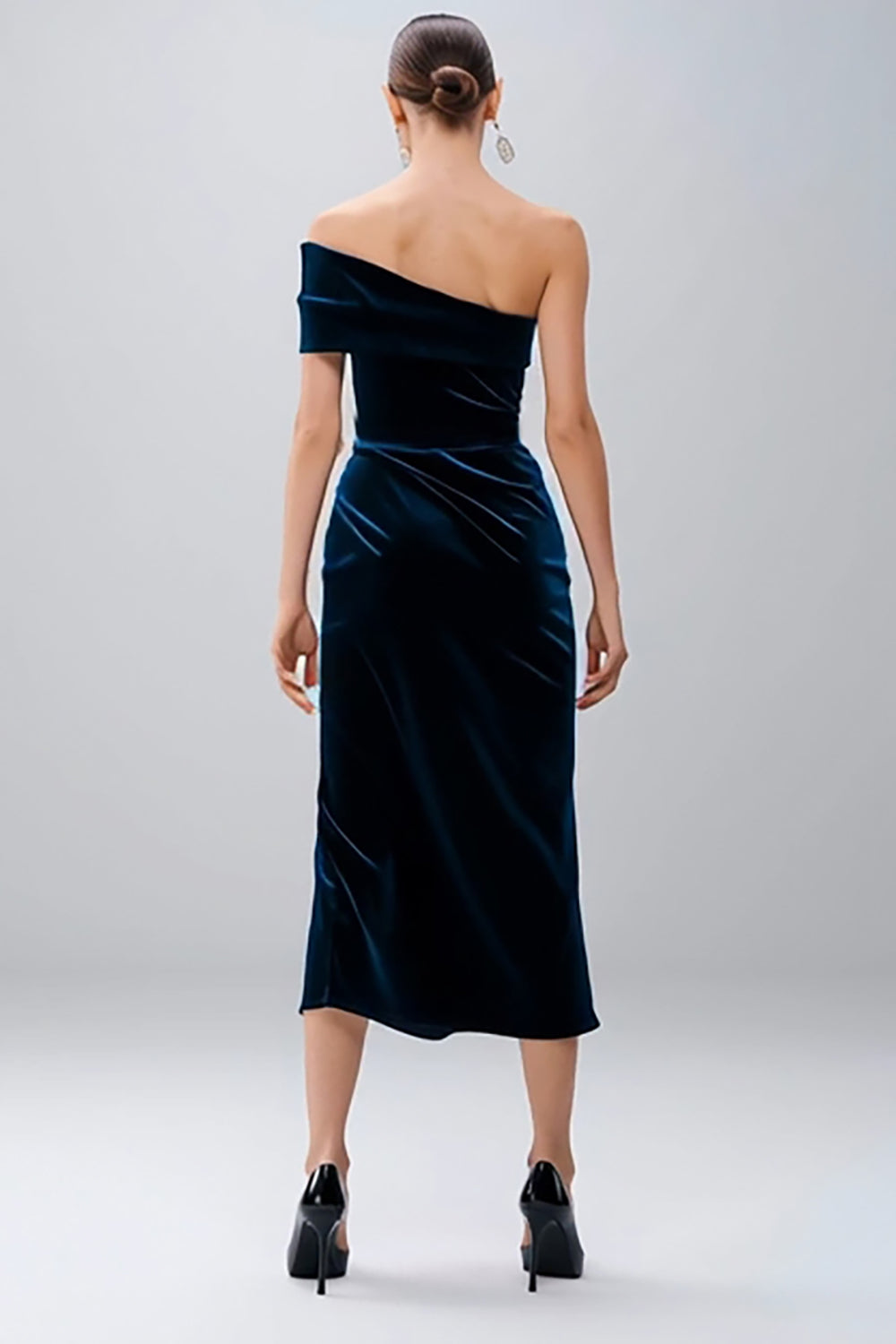 Navy Velvet One Shoulder Midi Wedding Guest Dress with Slit