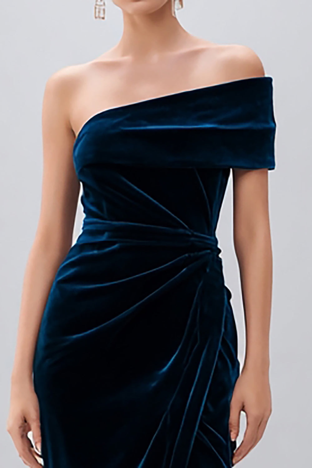 Navy Velvet One Shoulder Midi Wedding Guest Dress with Slit