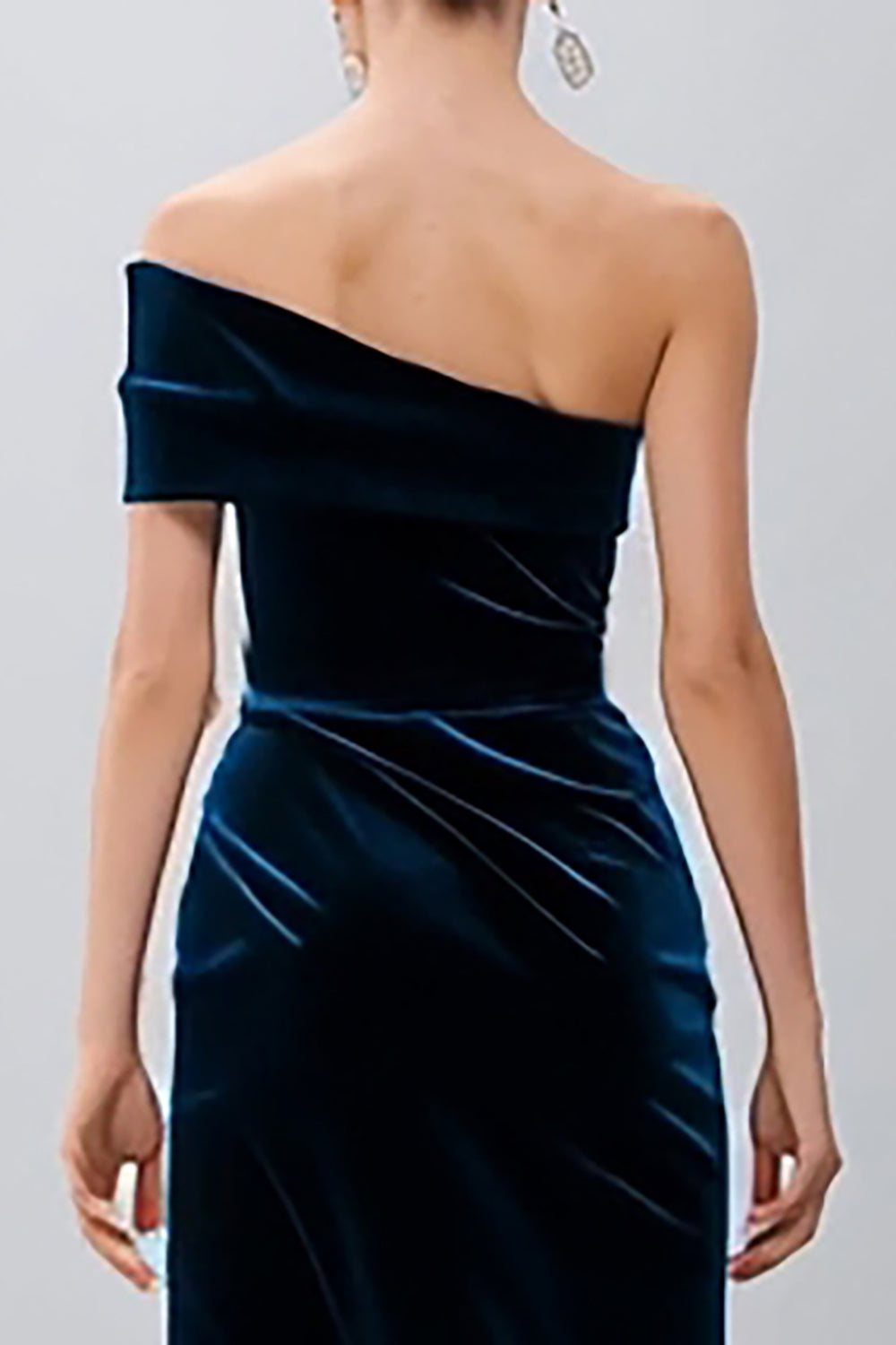 Navy Velvet One Shoulder Midi Wedding Guest Dress with Slit