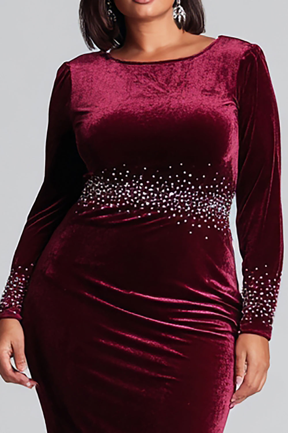 Plus Size Burgundy Velvet Long Mermaid Holiday Party Dress with Sleeves