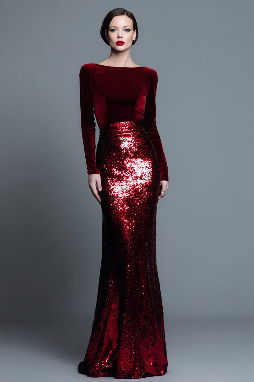 Sparkly Burgundy Bateau Neck Long Mermaid Holiday Party Dress with Sleeves