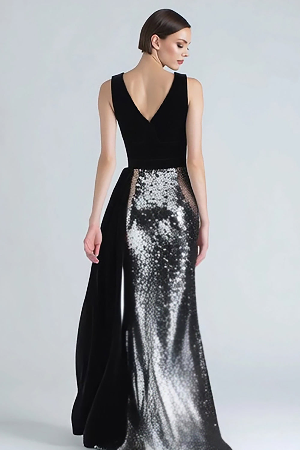 Sparkly Black and Silver V-Neck Long Mermaid Holiday Party Dress with Side Cape