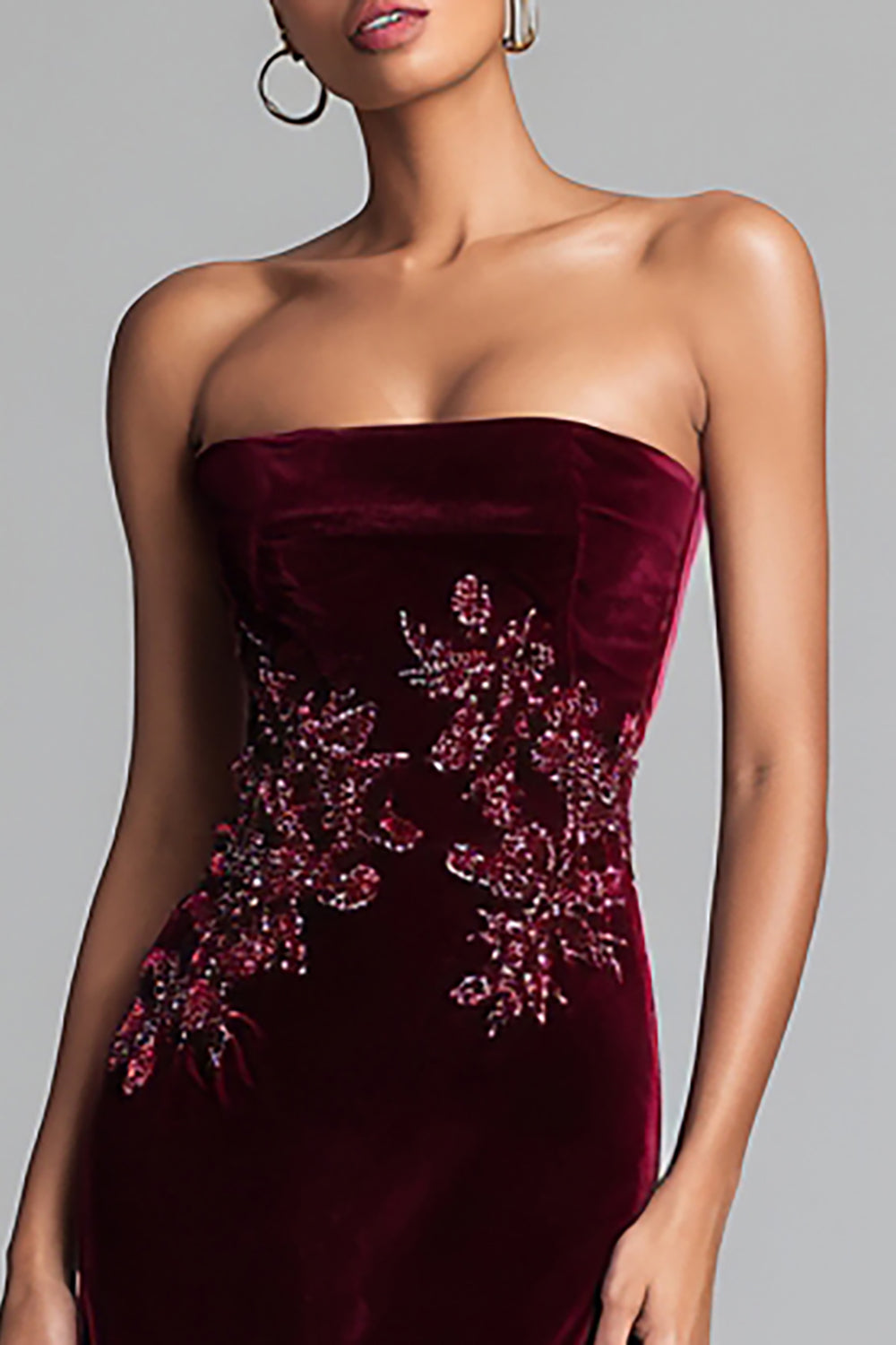 Floral Burgundy Strapless Velvet Long Wedding Guest Dress