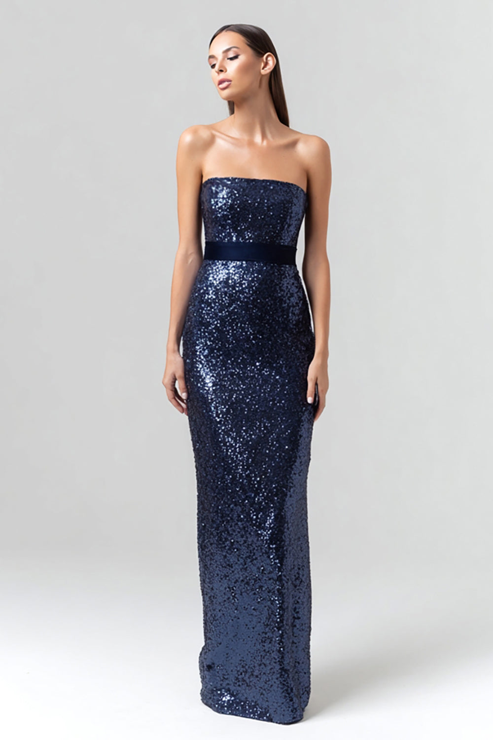 Sparkly Navy Sequin Mermaid Strapless Long Holiday Party Dress