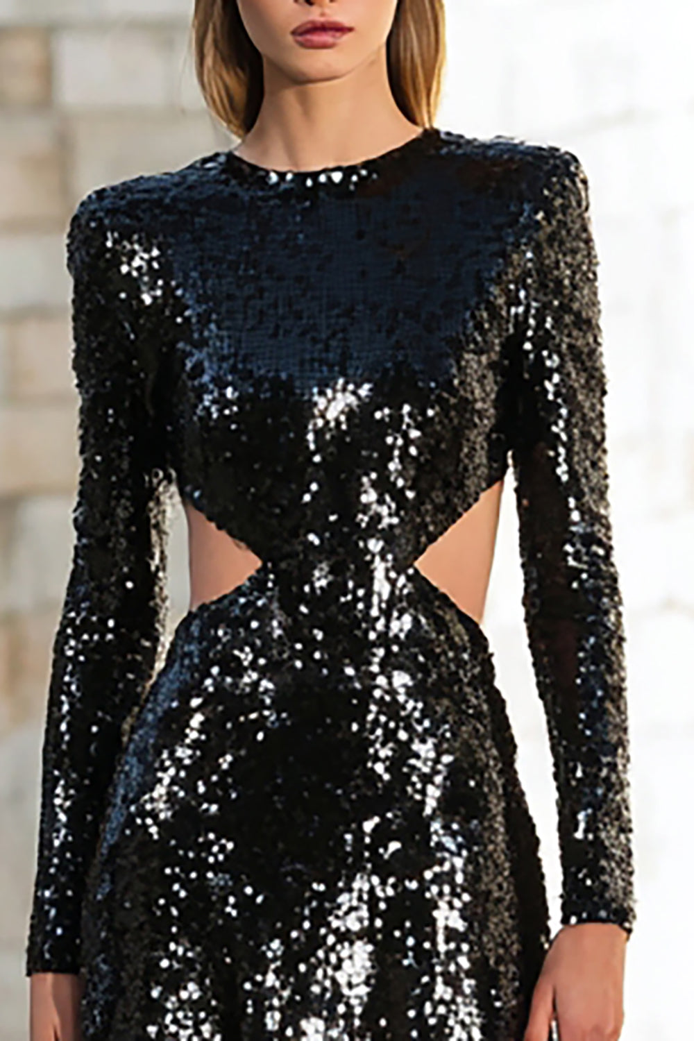 Sparkly Black Sequin Cut Out Round Neck Long Sleeves Holiday Party Dress