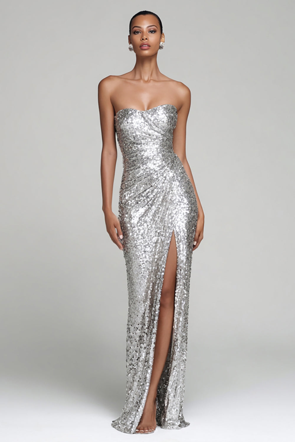 Sparkly Silver Sequin Mermaid Strapless Long Holiday Party Dress with Slit
