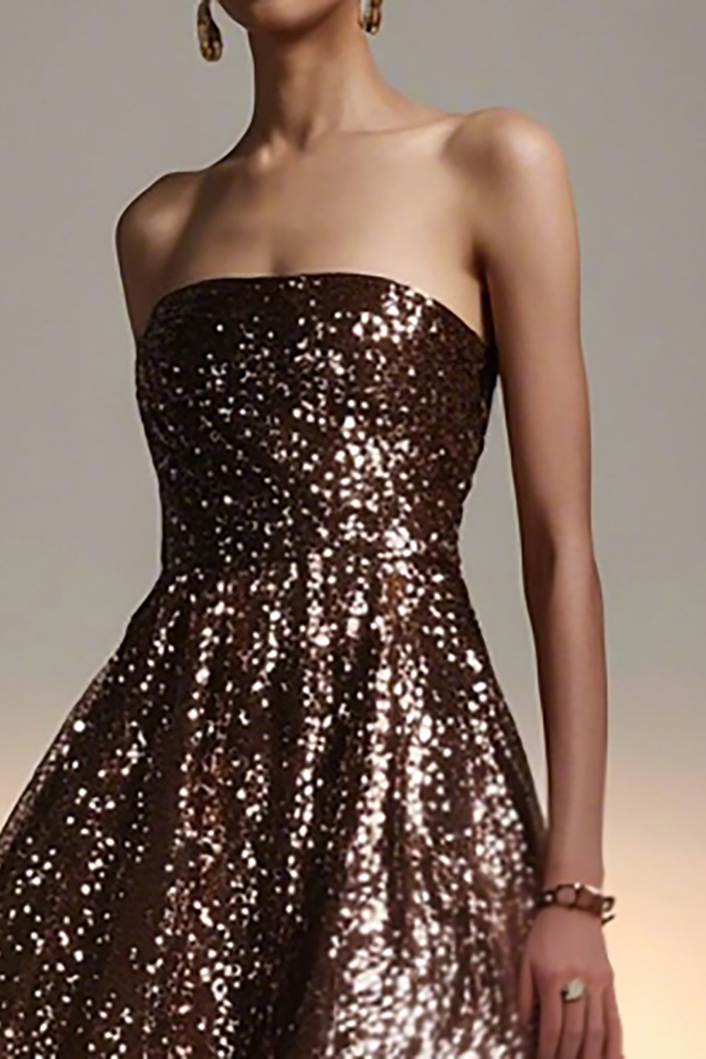 Sparkly Brown A Line Sequin Strapless Long Holiday Party Dress