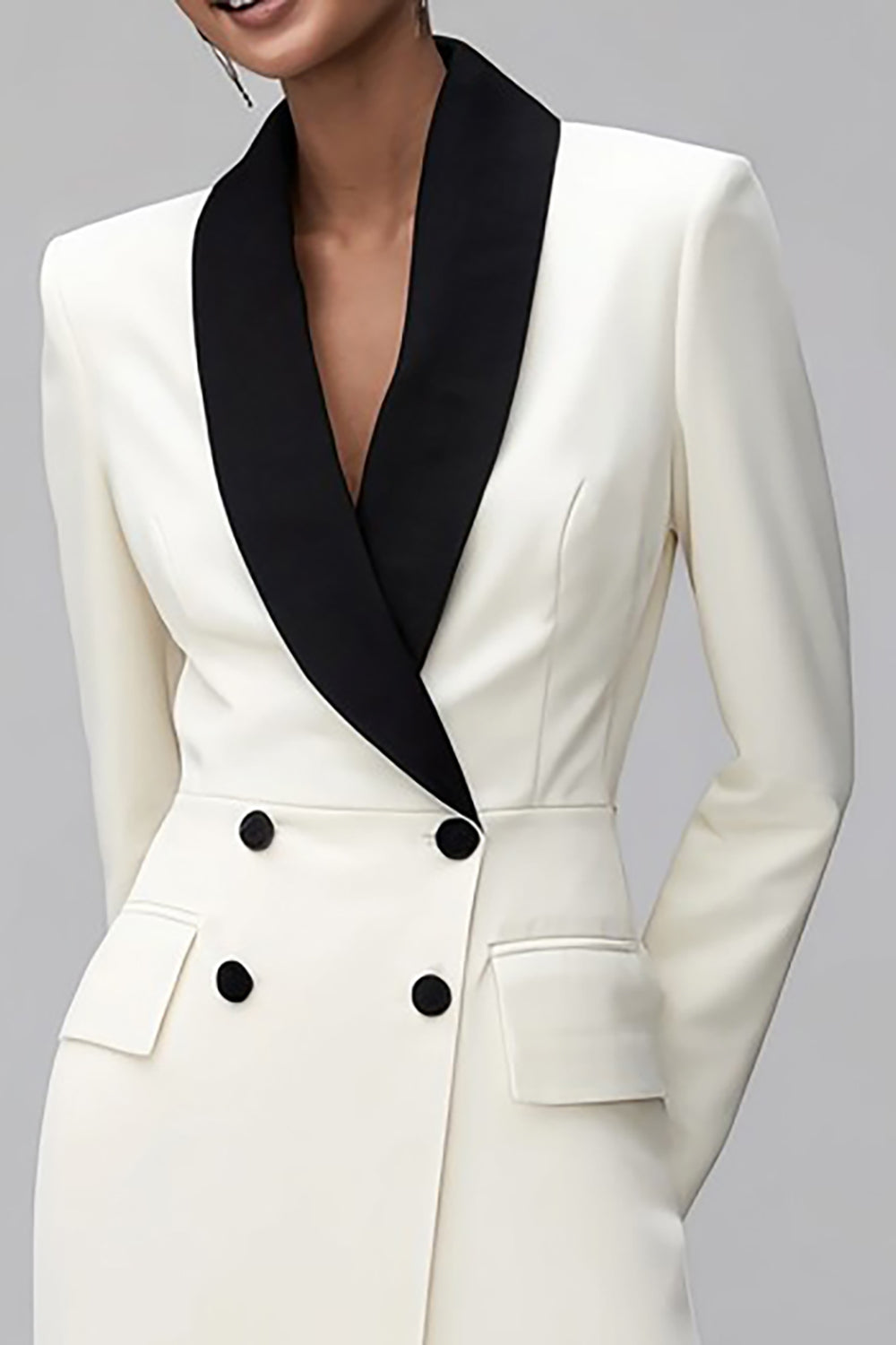 Black and White Shawl Lapel Double Breasted Blazer Dress with Sleeves